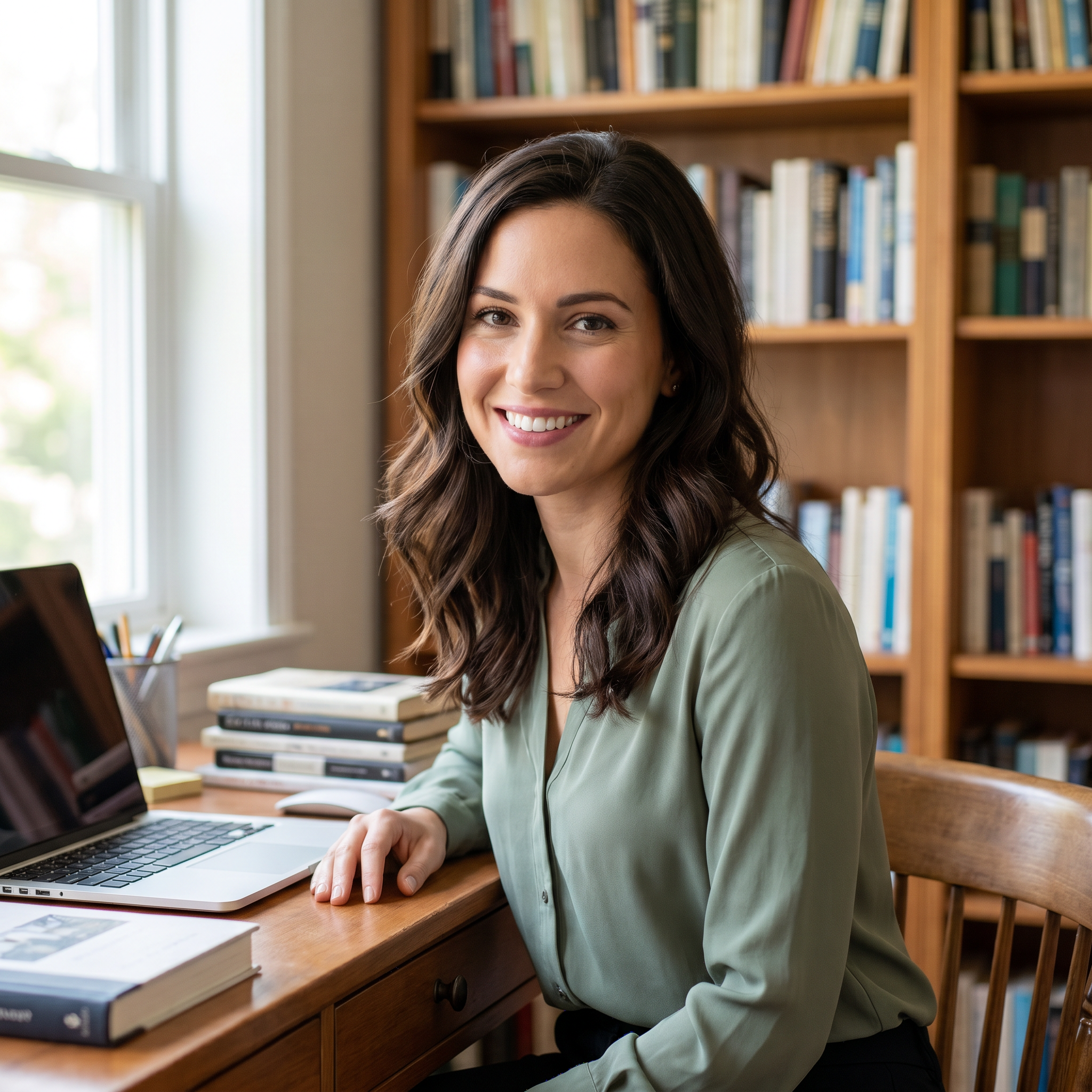 Maya smiling in her home office